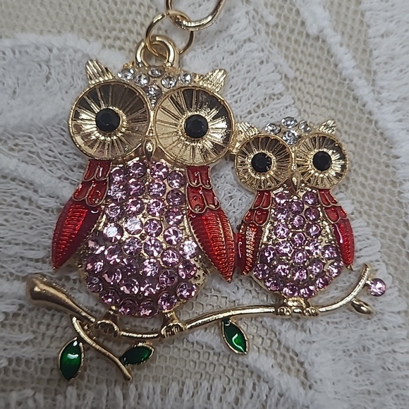 Accessories - Gold Toned Pink Rhinestone Owls Keychain/Charm